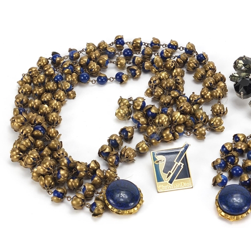 1783 - Vintage jewellery comprising Christian Dior brooch, gilt metal and lapis lazuli necklace with matchi... 