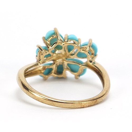 208 - 9ct gold turquoise cluster ring, size R, 3.0g