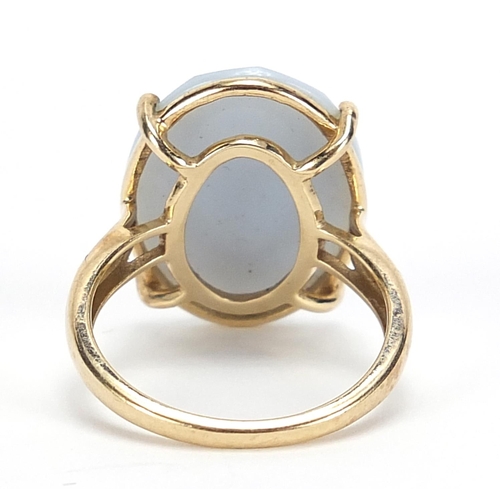 359 - 9ct gold facetted light blue stone ring, size N, 4.0g