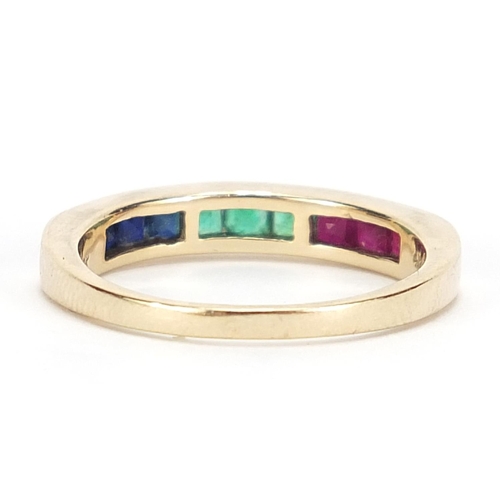 145 - 9ct gold sapphire, emerald and ruby half eternity ring, size N, 2.4g