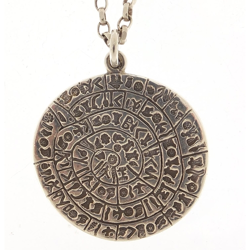 2029 - Silver Egyptian revival hieroglyphics medallion on a silver necklace, 4cm and 70cm in length, total ... 