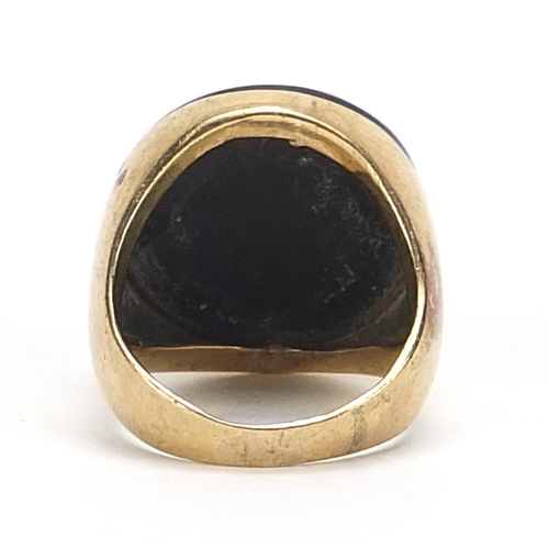 831 - 9ct gold black onyx signet ring, size O, 9.4g