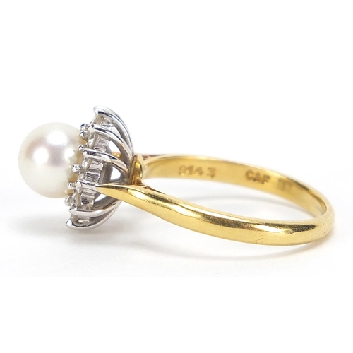 314 - 18ct gold pearl and diamond ring, size M, 4.4g