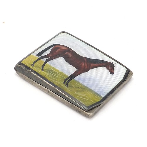11 - German sterling silver and enamel match box case enamelled with a thoroughbred horse, 5.5cm wide, 44... 