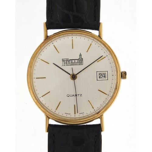 1134 - Marvin, gentlemen's 9ct gold quartz wristwatch with date aperture and box, 34mm in diameter