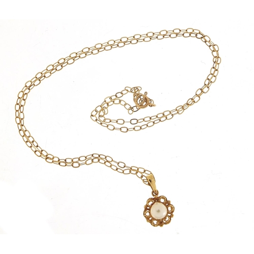 897 - 9ct gold cultured pearl pendant on a 9ct gold necklace, 1.5cm high and 44cm in length, total 1.7g