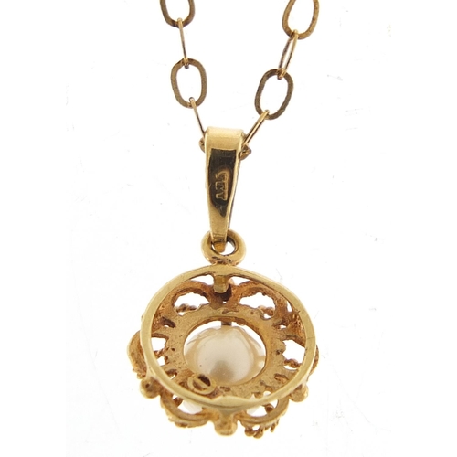 897 - 9ct gold cultured pearl pendant on a 9ct gold necklace, 1.5cm high and 44cm in length, total 1.7g