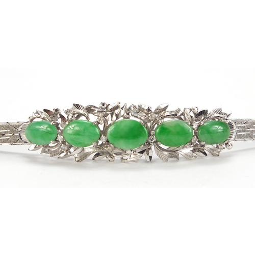 147 - Chinese unmarked white metal jade and diamond bracelet, 15cm in length, 16.8g