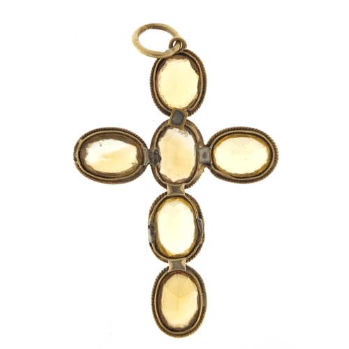 903 - Antique gold coloured metal citrine cross pendant, 5cm high, 5.7g