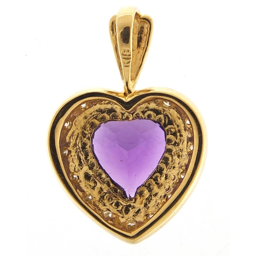 494 - 18ct gold diamond and amethyst love heart pendant, 1.8cm high, 2.4g