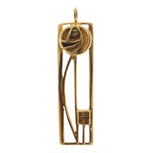 1857 - Gold coloured metal Rennie Mackintosh design pendant, indistinct hallmarks, 4.5cm high, 3.4g