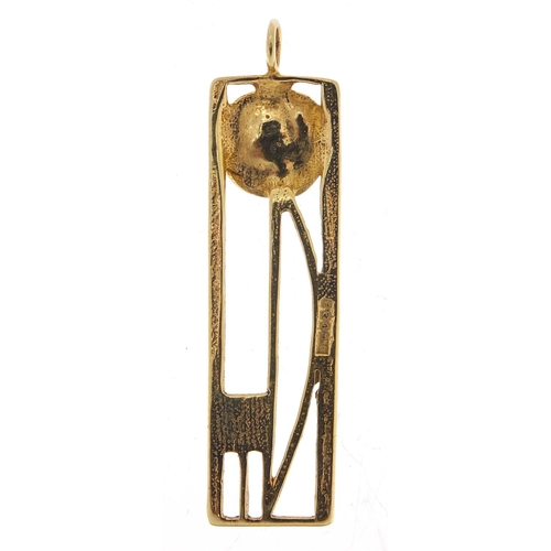 1857 - Gold coloured metal Rennie Mackintosh design pendant, indistinct hallmarks, 4.5cm high, 3.4g