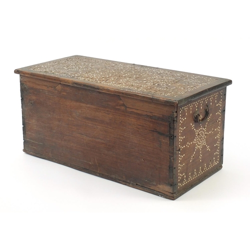 331 - Antique Anglo Indian chest with mother of pearl inlay and iron mounts, 29cm H x 52.5cm W x 30cm D