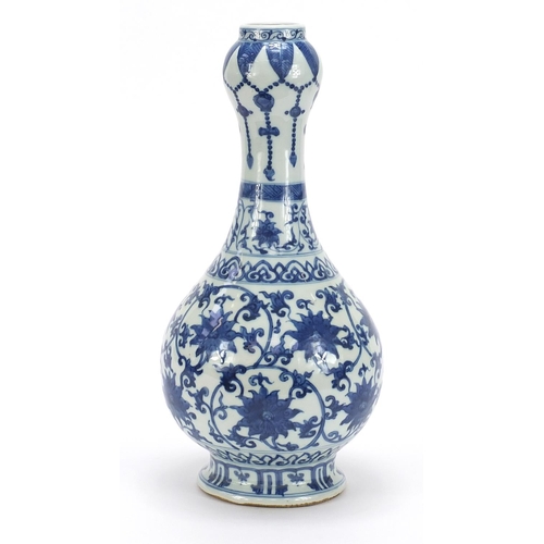 370 - Chinese blue and white porcelain garlic head vase hand painted with flower heads amongst scrolling f... 