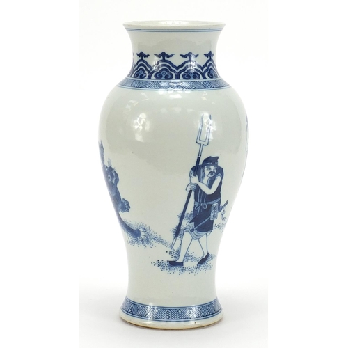 158 - Chinese blue and white porcelain baluster vase hand painted with figures and two tigers, six figure ... 