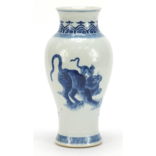 158 - Chinese blue and white porcelain baluster vase hand painted with figures and two tigers, six figure ... 