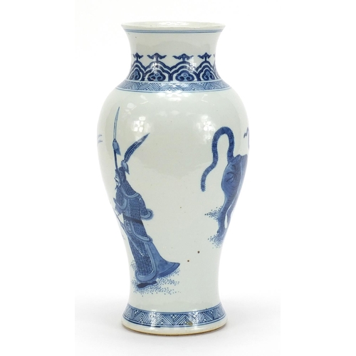 158 - Chinese blue and white porcelain baluster vase hand painted with figures and two tigers, six figure ... 