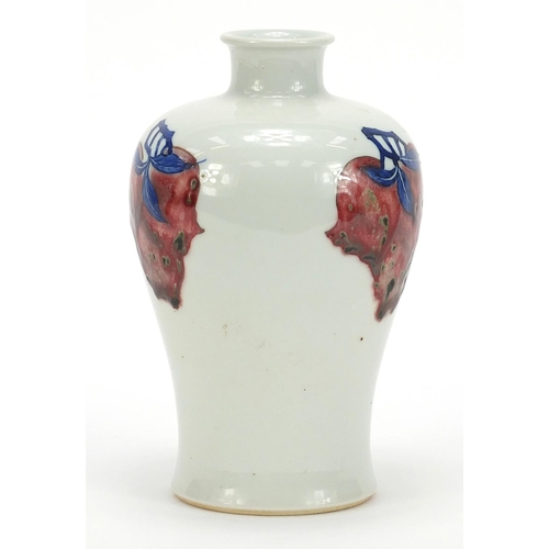 744 - Chinese blue and white with iron red porcelain baluster vase hand painted with peaches, four figure ... 