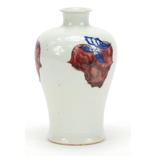 744 - Chinese blue and white with iron red porcelain baluster vase hand painted with peaches, four figure ... 