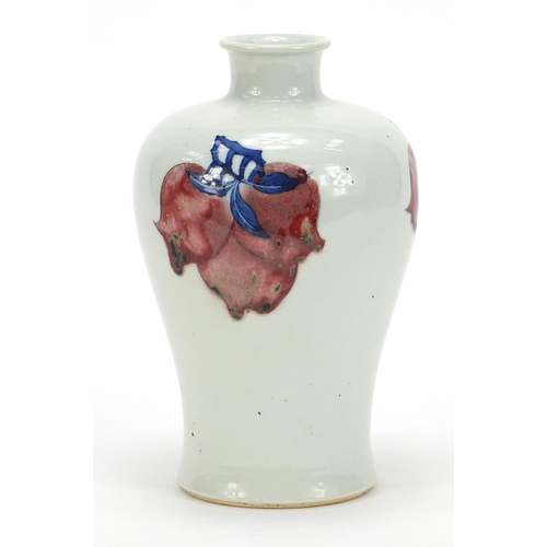 744 - Chinese blue and white with iron red porcelain baluster vase hand painted with peaches, four figure ... 