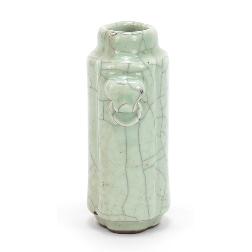 375 - Chinese porcelain Ge ware vase having a celadon glaze with animalia ring turned handles, impressed c... 