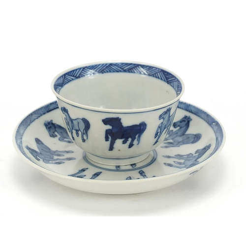 159 - Chinese blue and white porcelain tea bowl with saucer, each hand painted with eight horses of Wang M... 