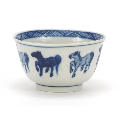 159 - Chinese blue and white porcelain tea bowl with saucer, each hand painted with eight horses of Wang M... 