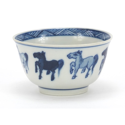 159 - Chinese blue and white porcelain tea bowl with saucer, each hand painted with eight horses of Wang M... 