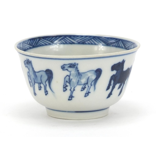 159 - Chinese blue and white porcelain tea bowl with saucer, each hand painted with eight horses of Wang M... 