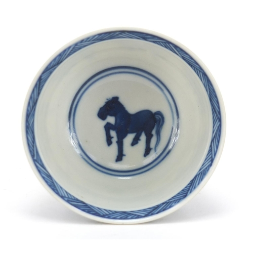 159 - Chinese blue and white porcelain tea bowl with saucer, each hand painted with eight horses of Wang M... 