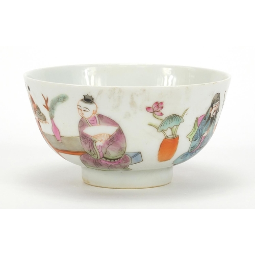 58 - Chinese porcelain bowl hand painted in the famille rose palette with figures in a palace setting, ir... 