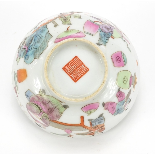 58 - Chinese porcelain bowl hand painted in the famille rose palette with figures in a palace setting, ir... 