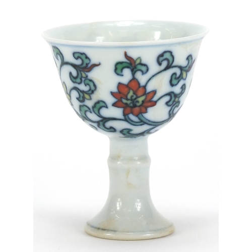 751 - Chinese doucai porcelain stem cup hand painted with flowers and foliage, six figure character marks ... 