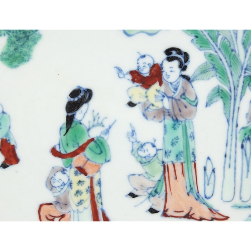 635 - Chinese doucai porcelain basin hand painted with figures and children in a palace setting with flowe... 