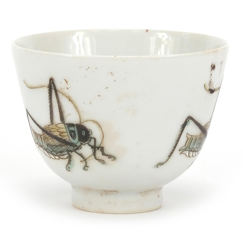 446 - Chinese porcelain tea bowl hand painted with three crickets, iron red character marks to the base, 6... 