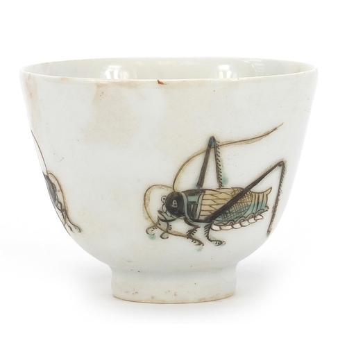 446 - Chinese porcelain tea bowl hand painted with three crickets, iron red character marks to the base, 6... 