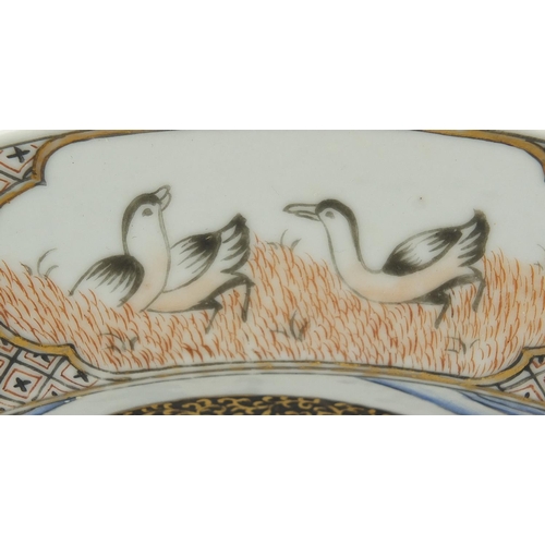 441 - Good Chinese porcelain shallow bowl finely hand painted in the European style with two figures and d... 