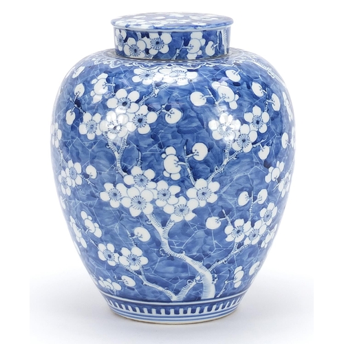 647 - Large Chinese blue and white porcelain jar and cover hand painted with prunus flowers, 24cm high