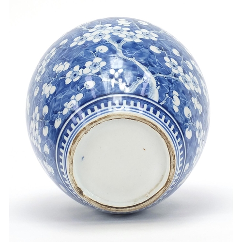 647 - Large Chinese blue and white porcelain jar and cover hand painted with prunus flowers, 24cm high