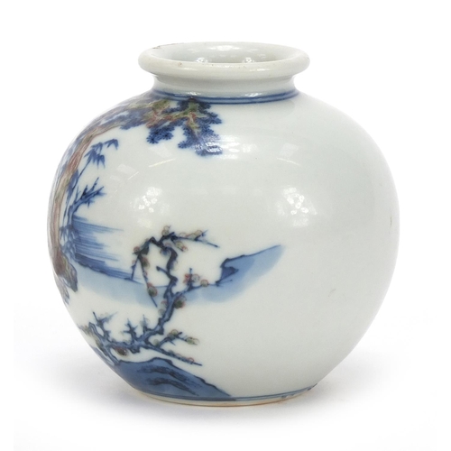 162 - Chinese blue and white with iron red porcelain vase hand painted with figures in a palace setting, s... 