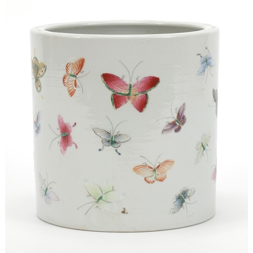 372 - Good Chinese porcelain brush pot finely hand painted in the famille rose palette with butterflies, s... 