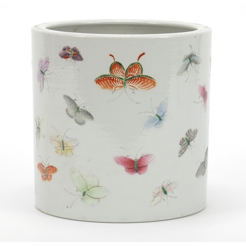 372 - Good Chinese porcelain brush pot finely hand painted in the famille rose palette with butterflies, s... 