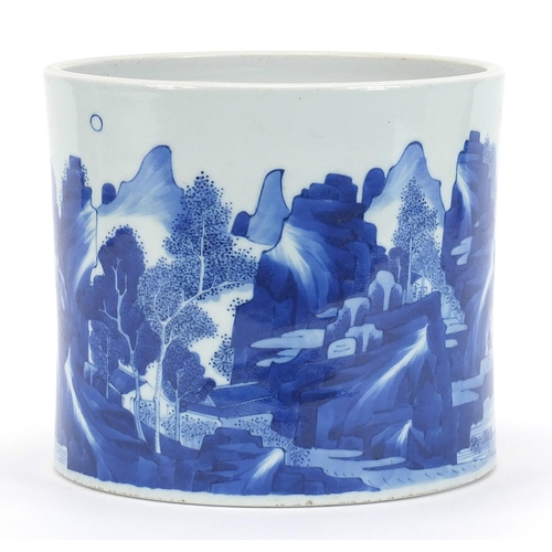 636 - Chinese blue and white porcelain brush pot hand painted with a continuous river landscape, 17cm high... 