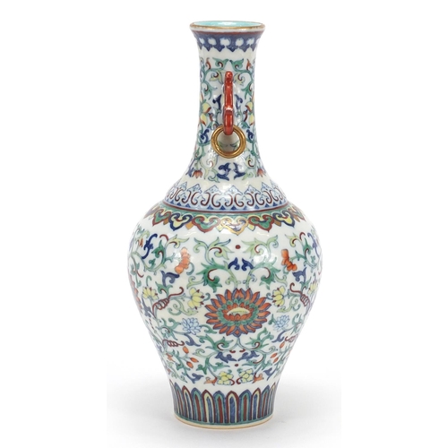 251 - Good Chinese doucai porcelain vase with iron red ring turned handles, finely hand painted with flowe... 