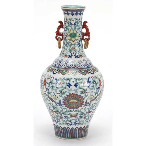 251 - Good Chinese doucai porcelain vase with iron red ring turned handles, finely hand painted with flowe... 