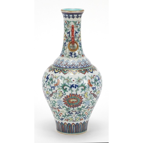 251 - Good Chinese doucai porcelain vase with iron red ring turned handles, finely hand painted with flowe... 