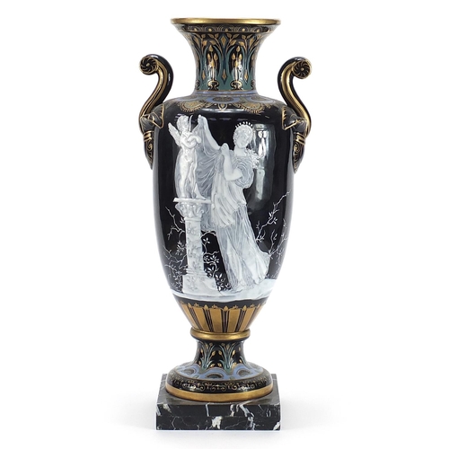 68 - Large Minton style pate sur pate style porcelain vase with twin handles enamelled with maidens and P... 