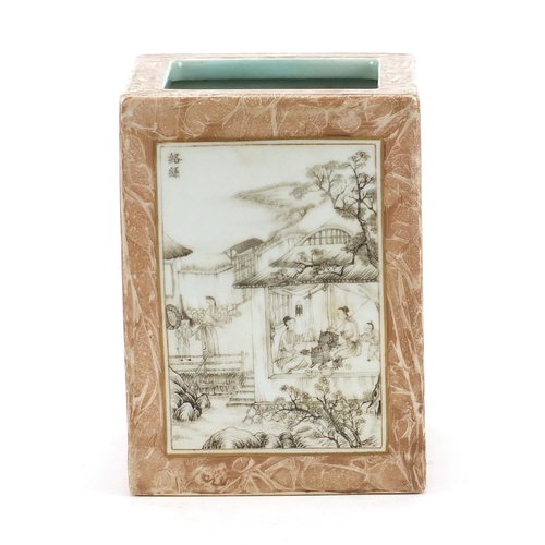 542 - Good Chinese porcelain faux bois ground en grisaille brush pot finely hand painted with panels of fi... 