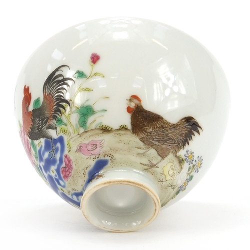 161 - Chinese porcelain bowl finely hand painted in the famille rose palette with chickens amongst flowers... 