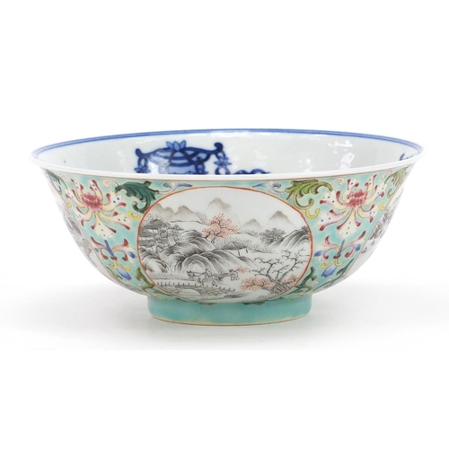 445 - Chinese blue and white porcelain bowl with en grisaille landscape panels, hand painted in the famill... 